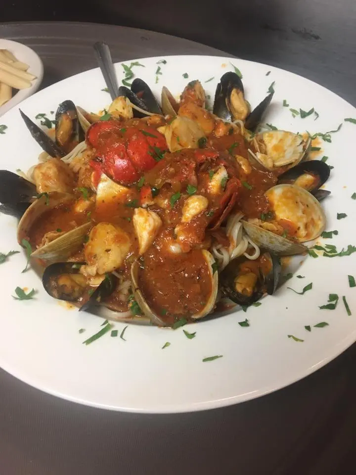 Shrimp and vegetables served in a skillet